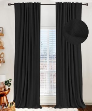 100% Blackout Shield Linen Blackout Curtains for Bedroom 84 Inches Long, Back Tab/Rod Pocket Living Room Drapes, Thermal Insulated Blackout Curtains 2 Panels Set, 50″ W x 84″ L, Black