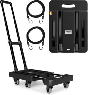 Folding Hand Trucks, Heavy Duty Dolly Cart with 6 Wheels & 2 Elastic Ropes, Foldable & Ideal for Luggage, Travel, Moving, Shopping, Office Use, Hold Up to 500 LB, Easy to Store, Coal Black