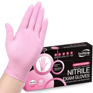 Nitrile Disposable Gloves, Medical exam Gloves Disposable Latex Free, Gloves for Cleaning & Esthetician, Pink Rubber Gloves, Pink Cleaning Gloves, Powder-Free, 50-ct Box (Medium)