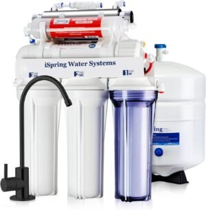 iSpring RCC7AK-UV-BLK, Alkaline and UV 7-Stage Reverse Osmosis Water Filter System, Clear Housing for Easy Filter Inspection, Enhances Taste, Patented Top-Mounted Faucet Design for Easy Installation