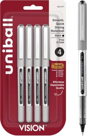 Uni-Ball Vision Rollerball Black Pens Pack of 4 – Fine Point Journaling Pens, 0.7mm Medium Black Ink – Teacher Pen, Smooth Writing Japanese Pens, School Supplies