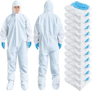 TrelaCo Hazmat Suit Disposable Protective Coverall Suit with Shoe Cover Nitrile Gloves Breathable Water Proof Paint Coveralls