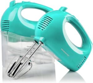 OVENTE 5-Speed Electric Hand Mixer with Stainless Steel Mixing Whisk, Snap-On Storage Case, Portable & Lightweight 150W Motor, Compact Handheld Mixer for Baking, Blending or Cooking, Turquoise HM151T