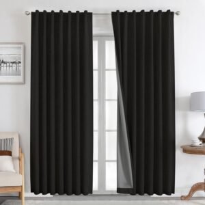 Joydeco 100% Blackout Curtains 84 inches Long Natural Linen Drapes 2 Panels Set Burg for Bedroom Living Room Black Out Darkening Curtain Thermal Insulated Back tab Rod Pocket(52×84 inch,Black)