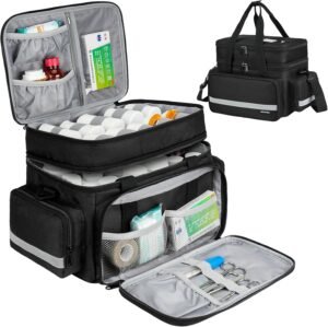 Pill Bottle Organizer, Double Layers Medicine Storage Bag with Lockable Zippers and Shoulder Strap,Medication Travel Bag for Prescription Bottles, Vitamins & Medical Supplies, Black (Bag Only)