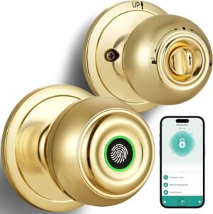 Fingerprint Door Lock, Smart Fingerprint Door Knob with Lock, Biometric Door Lock with App Control & Key, Keyless Thumbprint Entry Door Lock for Bedroom, Front Door, Home, Apartment Office-Satin Brass