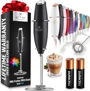 Zulay Kitchen Powerful Milk Frother Wand With 2 Duracell Batteries – Ultra Fast Handheld Drink Mixer – Electric Whisk Foam Maker for Coffee, Lattes, Cappuccino, Matcha, Hot Chocolate & Creamer – Black