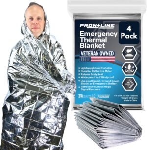 FRONTLINE Emergency Thermal Blankets Large 54″ x 84″ Mylar Blankets Survival Gear Camping Gear Emergency Space Blanket First Aid for Survival (4)