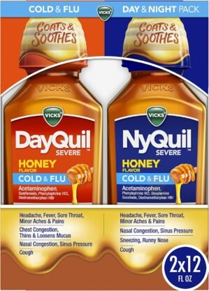 VICKS DayQuil & NyQuil SEVERE Honey Flavor Co-Pack, Cold & Flu Medicine, RelievesHeadache, Fever, Sore Throat, Minor Aches & Pains, Nasal Congestion, Sinus Pressure, Stuffy Nose, and Cough, 2x12oz