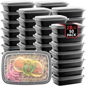 50-Pack Reusable Meal Prep Containers Microwave Safe Food Storage Containers with Lids, 28 oz – 1 Compartment Take Out Disposable Plastic Bento Lunch Box To Go, BPA Free – Dishwasher & Freezer Safe