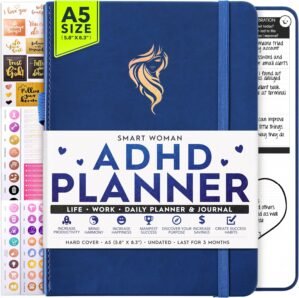 Adhd Daily Planner – A Self Care Personal Gratitude Journal to Increase Productivity and Success in Life & Work, Weekly & Monthly Undated Planner for Women and Men, Vision Board & Organizer + Stickers