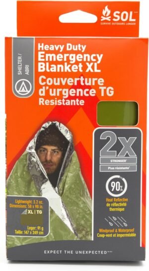 S.O.L. Survive Outdoors Longer 90% Heat Reflective Heavy-Duty Emergency Blanket – Thick, Rugged for Disaster Preparedness Kit – Waterproof, Windproof, Tear-Resistant – 58″ x 98″, 3.2 oz, Green