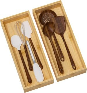 Kitchen Drawer Organizer Bins, Stackable Bamboo Drawer Organizer for Silverware, Utensils, Cutlery, Flatware, Deep Drawer Organizers for Junk Drawer, Dresser, Bathroom, 15″ x 6″ x 2.5″