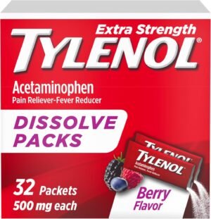 Tylenol Extra Strength Dissolve Packs, 500 mg Acetaminophen Pain Reliever & Fever Reducer, On-The-Go Powder Packets for Minor Aches & Pains, Ibuprofen- & Aspirin-Free, Berry Flavor, 32 ct