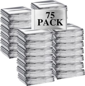 Macarrie 75 Pack Emergency Foil Thermal Blankets – Silver Foil Survival Blanket Space Blanket Kit for Outdoors, Camping, Hiking, Homeless, First Aid