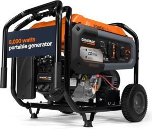 Generac 8,000-Watt Gas-Powered Portable Generator – Electric Start with COsense – PowerRush Advanced Technology – Reliable Power for Emergencies, Recreation, Home – 49 State Compliant – Orange/Black