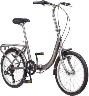 Schwinn Loop Folding Bike for Adult Men Women, 20-inch Wheels, 7-Speed Drivetrain, Rear Cargo Rack, Carrying Bag Included for Storage