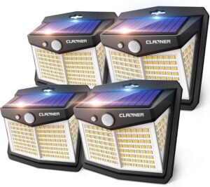 CLAONER Solar Lights Outdoor, [128 LED/4 Packs] Solar Motion Sensor Lights 3 Working Modes Outdoor Lights with 270° Wide Angle Wireless IP65 Waterproof Solar Security Light for Fence Patio, Warm White