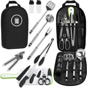 Camp Cooking Utensils | 11 Piece Camping Kitchen | RV Cookware Kit | Travel Grill Set | BBQ Accessories & Essentials for Camper