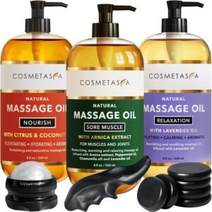 Cosmetasa Luxury Spa Gift Set for Women & Men – Relaxation Lavender Massage Oil, Citrus Coconut Massage Oil, Arnica Sore Muscle Massage Oil with Hot Stones, Roller Ball and Thumb Saver Massage Tools