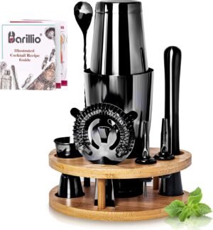 Barillio Black Mixology Bartender Kit with Stand – Cocktail Shaker Set with Bamboo Stand, Boston Drink Shaker, Mojito Muddler, and Drink Mixer Spoon – 9-Piece Bar Tools Set – Bar Accessories for Home