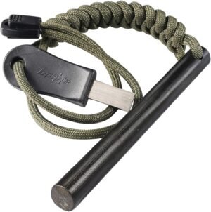 bayite 4 Inch Survival Ferrocerium Drilled Flint Fire Starter, Ferro Rod Kit with Paracord Landyard Handle and Striker, 4″(Long) x 3/8″(Diameter)