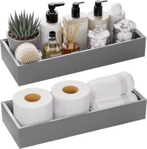 Kitchen Drawer Organizer Bins, Stackable Bamboo Drawer Organizer for Silverware, 2 Pcs Toilet Paper Basket Holder, Wood Bathroom Tray Countertop, Toilet Tank Tray Silver 15″ x 6″ x 2.5″