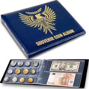 3in1 Coin Collection Holder Classic Album 190 Pockets – Paper Money Collector – Large Storage Book Organizer Display for Gold Silver Dollars Dollar Bill Currency Quarters Penny Foreign Coins (Blue)