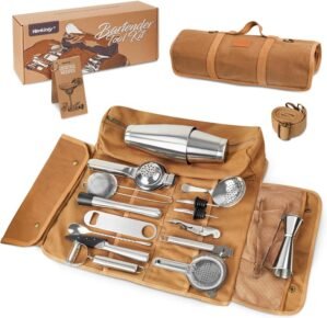 21-piece Professional Travel Bartender Kit, Bar Set with Portable Bag, Travel Cocktail Set with Shoulder Strap for Easy Carry & Storage, Travel Bar Kit for Home Cocktail Making, Parties, Camp