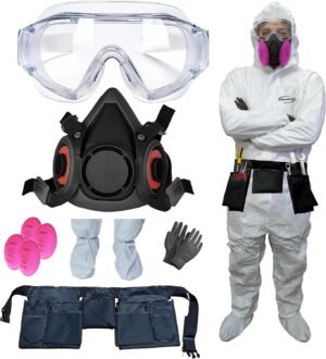 Hazmat Suit with Tools Belt and Respirator Mask Full Body Hazmat Suits Disposable with Goggles & Nitrile Gloves