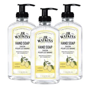 J.R. Watkins Liquid Hand Soap With Dispenser, Moisturizing Hand Soap, Alcohol-Free, Cruelty-Free, Use For Bathroom or Kitchen, Lemon, 11 Fl Oz, 3 Pack