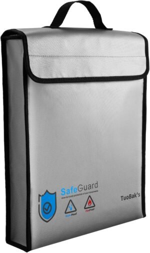 TuoBak’s Fireproof Document Bag with Zipper,Heat Insulated Upgraded Fireproof Waterproof Document Bag 15.8”x 12.6”×2.5” for Important Document Storage Organizer for Valuables, Legal Documents Safe