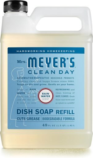 MRS. MEYER’S CLEAN DAY Liquid Dish Soap Refill, Biodegradable Formula, Rain Water, 48 fl. oz