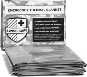 Swiss Safe 4 Pack Mylar Emergency Blankets for Survival – Compact & Insulated for Cold Weather – Designed for NASA, Outdoor, Running, Camping, Survival, First Aid Car Kit – Winter Camo, 4 Pack