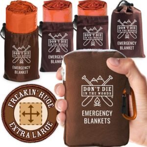 Don’t Die In The Woods – Freakin’ Huge Emergency Blankets [4-Pack] Extra-Large Thermal Mylar Space Blankets with Ripstop Nylon Stuff Sacks + Carabiner Zipper Pack [Survival Orange]