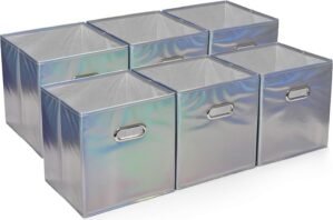 Handy Laundry 6-Pack Foldable Cube Storage Bins – Decorative Collapsible Organizer for Shelves, Closets, Underbed, Clothes, or Kids’ Toys (Shiny Silver)