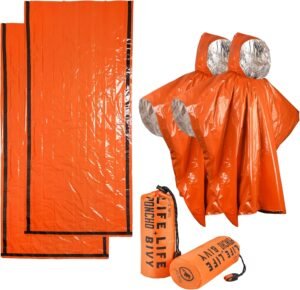Emergency Rain Poncho & Sleeping Bag Set of 2 Orange Thermal Mylar Space Blanket Sack Survival Kit for Car Activities Hiking Camping Gear Equipment
