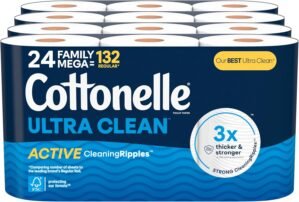 Cottonelle Ultra Clean Toilet Paper with Active CleaningRipples Texture, Strong Bath Tissue, 24 Family Mega Rolls (24 Family Mega Rolls = 132 Regular Rolls) (4 Packs of 6), 353 Sheets per Roll