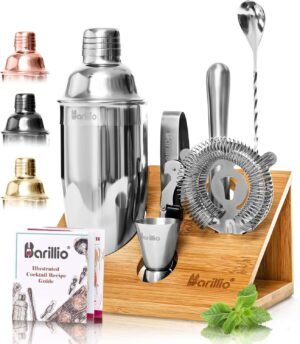 Barillio Bartender Kit – Stainless-Steel Cocktail Shaker Set with Bamboo Stand – Mixology Bar Tools w/Shaker, Drink Mixer Spoon & Muddler for Cocktails – Home Bar Accessories – 10-Pc Bar Set – Silver
