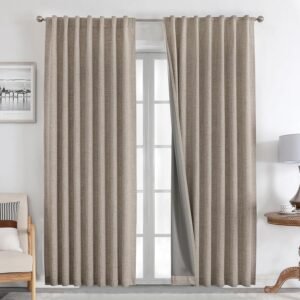 Joydeco Natural Linen Curtains 84 inch Length 2 Panels Set Burg 100% Blackout Long Drapes for Bedroom Living Room Blackout Darkening Curtain Thermal Insulated Back tab Rod Pocket(52×84 inch,Linen)