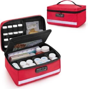 Damero Locking Pill Bottle Organizer with Inner Dividers, Medicine Storage and Organizer Bag Combination Lock for Medicine, Vitamins and Medical Supplies, Red