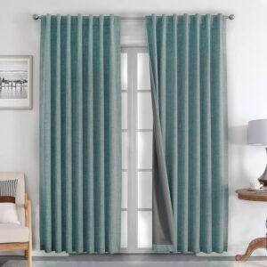Joydeco Linen Curtains 84 inch Length 2 Panels Set Burg 100% Blackout Long Drapes for Bedroom Living Room Black Out Darkening Curtain Thermal Insulated Back tab Rod Pocket(52×84 inch,Hunter Green)