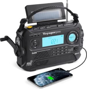 Kaito Voyager Pro KA600 Digital Solar Dynamo Hand Crank AM/FM/LW/SW & NOAA Weather Emergency Radio with Flashlight, Reading Lamp,Smart Phone Charger & RDS and Real-Time Alert, with AC Adapter, Black