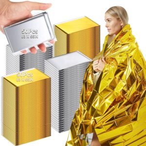 100 Pack Emergency Foil Thermal Blanket Bulk 83 x 55” Waterproof Space First Aid Survival Blanket for Outdoors, Camping, Hiking, Homeless, First Aid, 50 Pc Silver 50 Pc Gold Silver