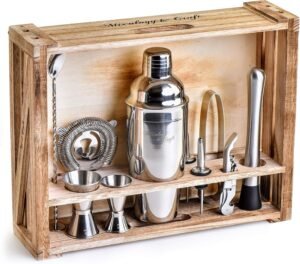 Mixology & Craft 11-Piece Bartender Kit with Wood Stand – Silver