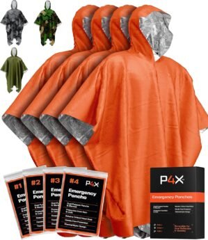 PREPARED4X Emergency Poncho with Mylar Blanket Liner – Heavy Duty, Waterproof, Wind-Resistant Green Rain Poncho for Outdoors, Camping, and Car Emergency Kits – Thermal Poncho