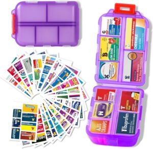 Large Pill Organizer with Medicine Labels Travel Daily Pill Container Mini Medication Organizer Storage Pill Organizer Pill Case 7 Day Pill Organizer(Purple, 161 Lables)