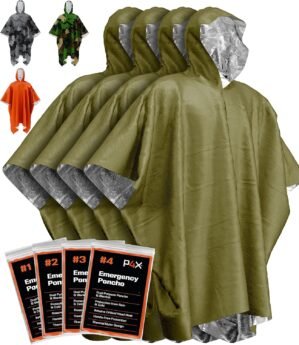 PREPARED4X Emergency Poncho with Mylar Blanket Liner – Heavy Duty, Waterproof, Wind-Resistant Green Rain Poncho for Outdoors, Camping, and Car Emergency Kits – Thermal Poncho