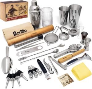 Barillio Bar Tool Set Pro Edition – Stainless-Steel Cocktail Shaker Set – Mixology Bartender Kit w/Boston Shaker, Drink Mixer & Muddler for Cocktails – Home Bar Accessories – 32-Pc Bar kit