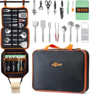 Camping Cooking Utensil Set Camp Kitchen Utensils Kit with Organizer Case Bag, Portable RV Camping Cooking Essentials Cookouts Open Fire Pit Grilling Rotating Marshmallow Roasting Sticks BBQ Forks